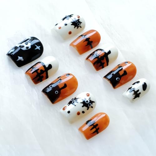 GLORS Halloween Press On Nails – Handmade Short Square False Nails (10P), Orange & Black Design