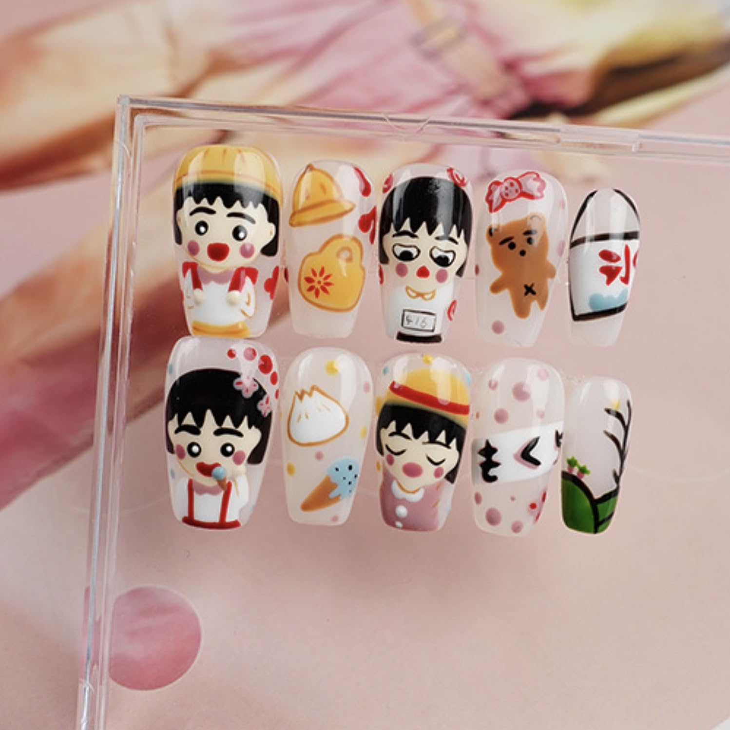 [GLORS] Hand-Painted Cute Cartoon Girl Nail Art Tips (XS) | Easy Application & Durable Design