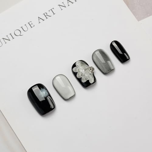 GLORS Press On Nails - Black & Silver, Short Square, Dandelion Wing Pattern (10 Pcs, SS)