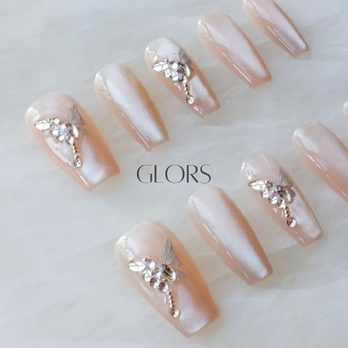 GLORS Press On Nails – Long Ballerina Coffin Nude Pink with Butterfly Rhinestones | 10 Pieces (Small, LB)
