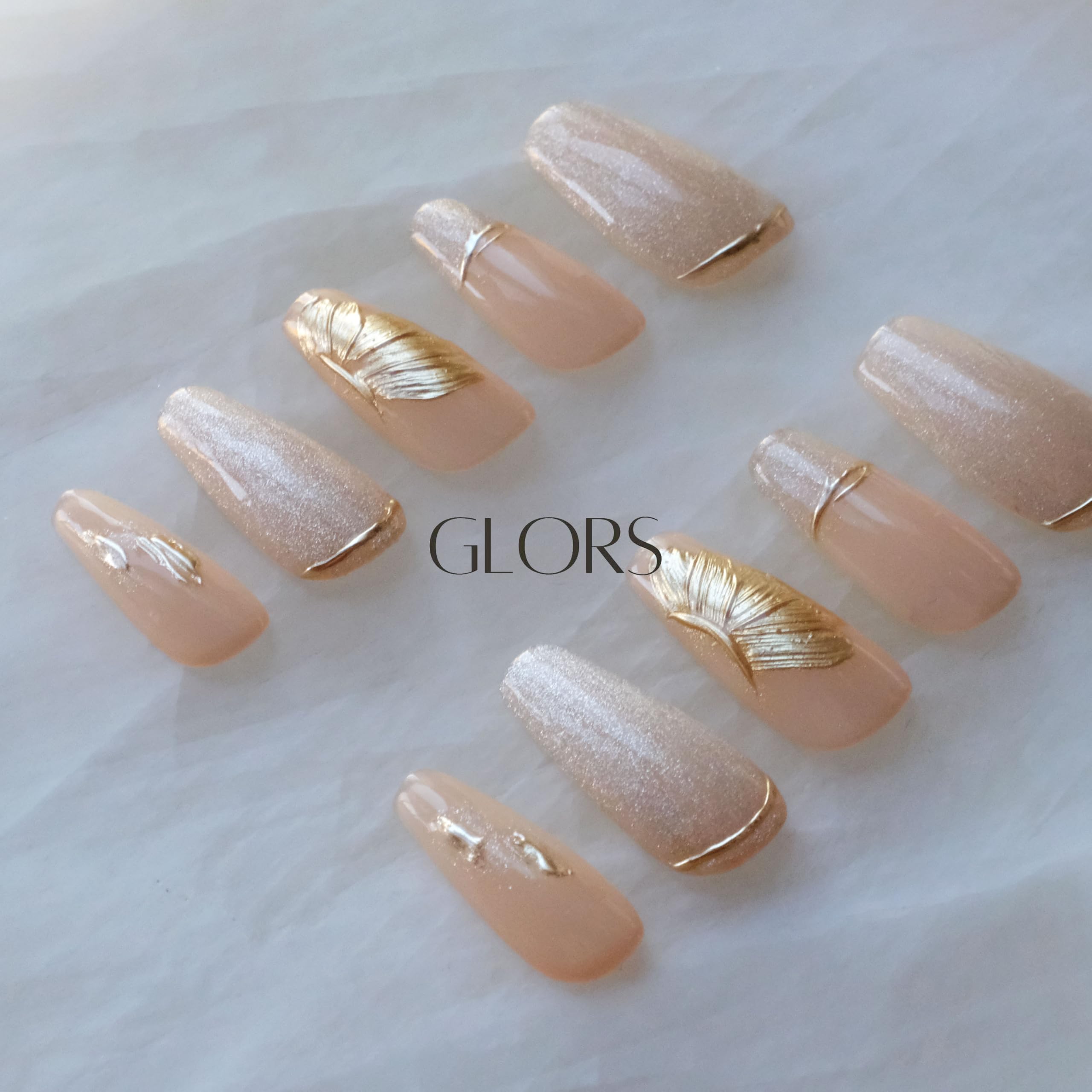 GLORS Press On Nails - Long Ballerina Nude Pink with Gold Accents - 10 Pieces (XS/LB)
