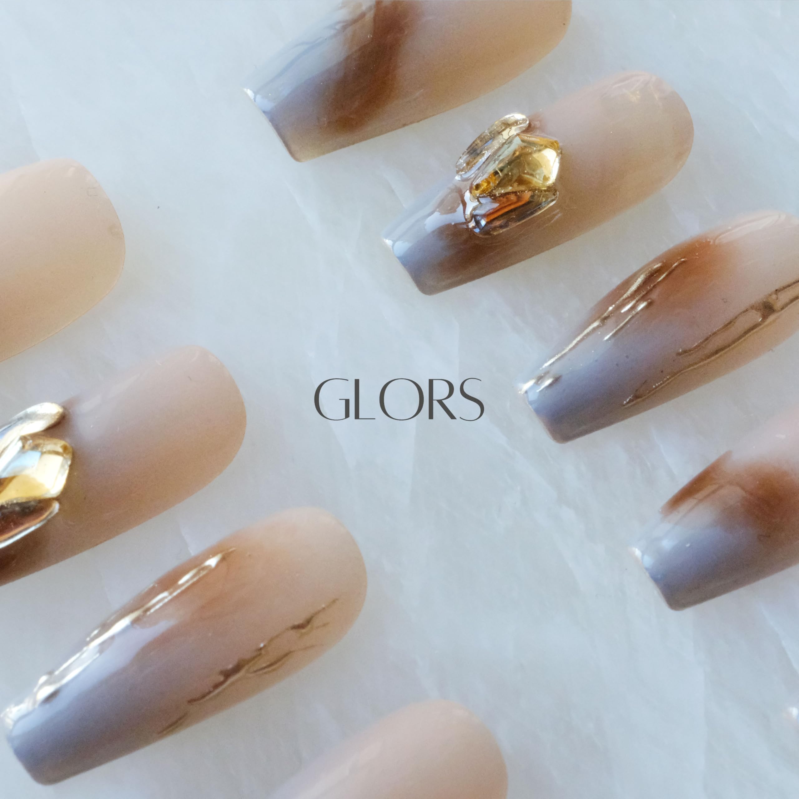 GLORS Ombre Press On Nails – Long Ballerina Nude to Gray with Gold Accents (10-Piece, Large LB)