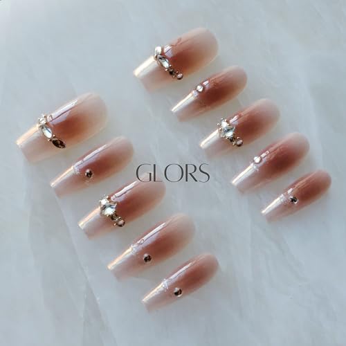 GLORS Long Ballerina Press-On Nails Pink French with Rhinestones | Coffin Shape