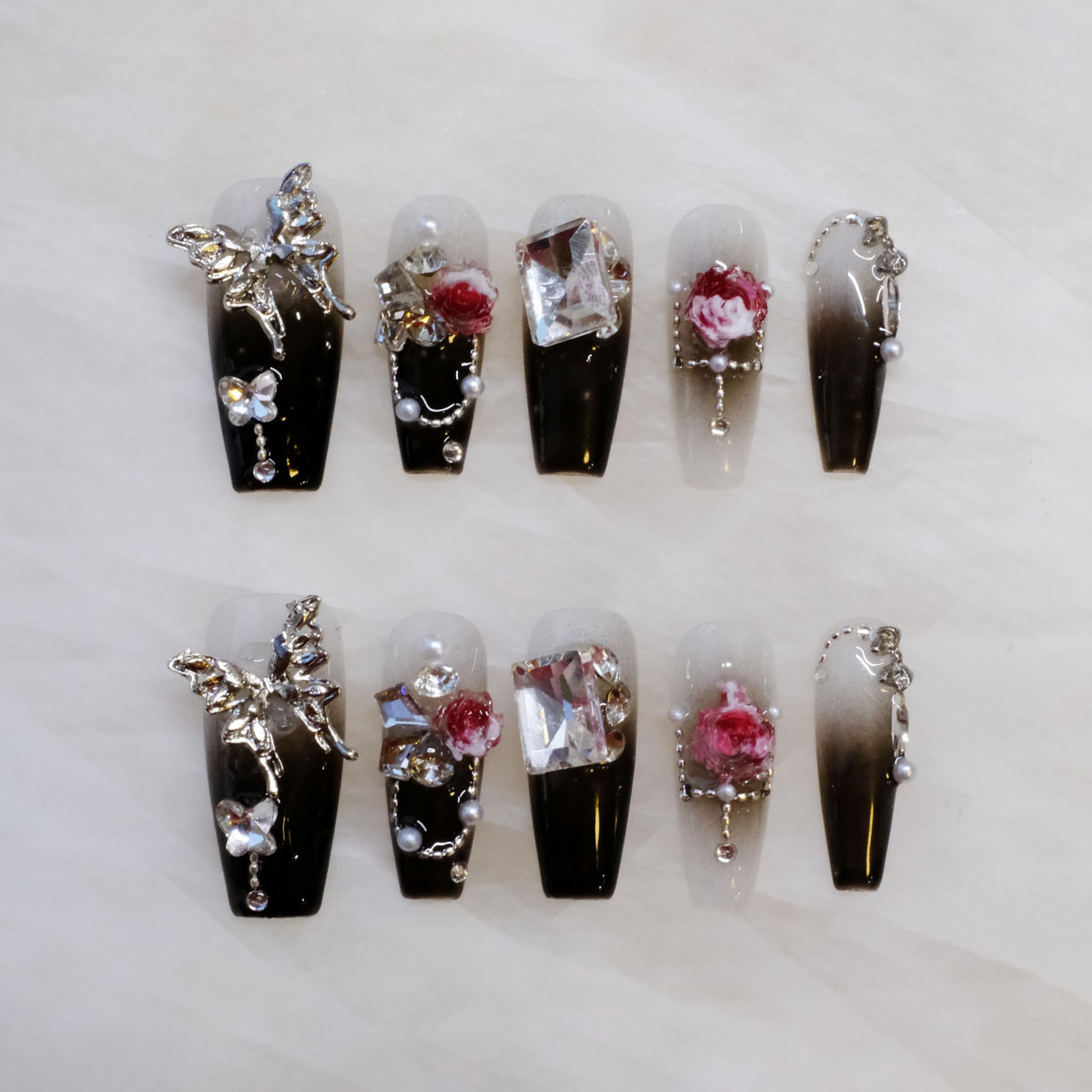 GLORS Handmade Press-On Nails - Long Coffin with 3D Butterfly & Rose, 10-Piece Set (XS, LC)