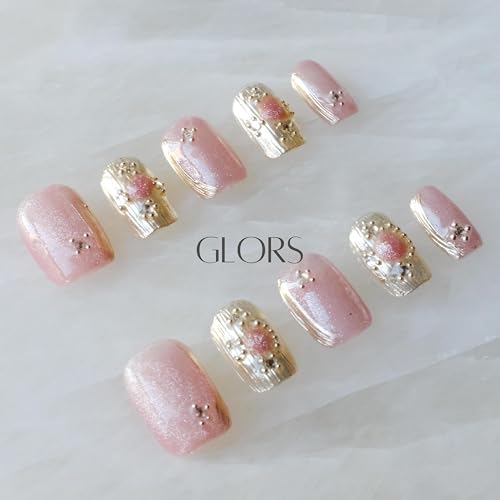GLORS Purely Handmade Press On Nails — Pink Purple Cat-Eye Buccilati, Short Square, 10pcs (SS)