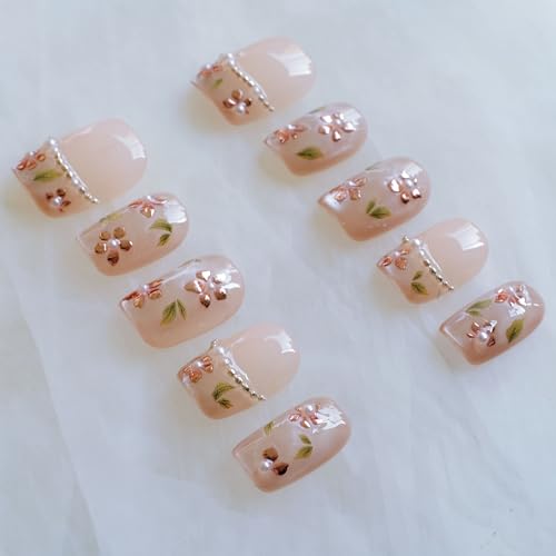 GLORS Short Square Press-On Nails – Nude Pink with Rose Gold Foil & Pearl Accents | 10 Pieces (Large, SS)