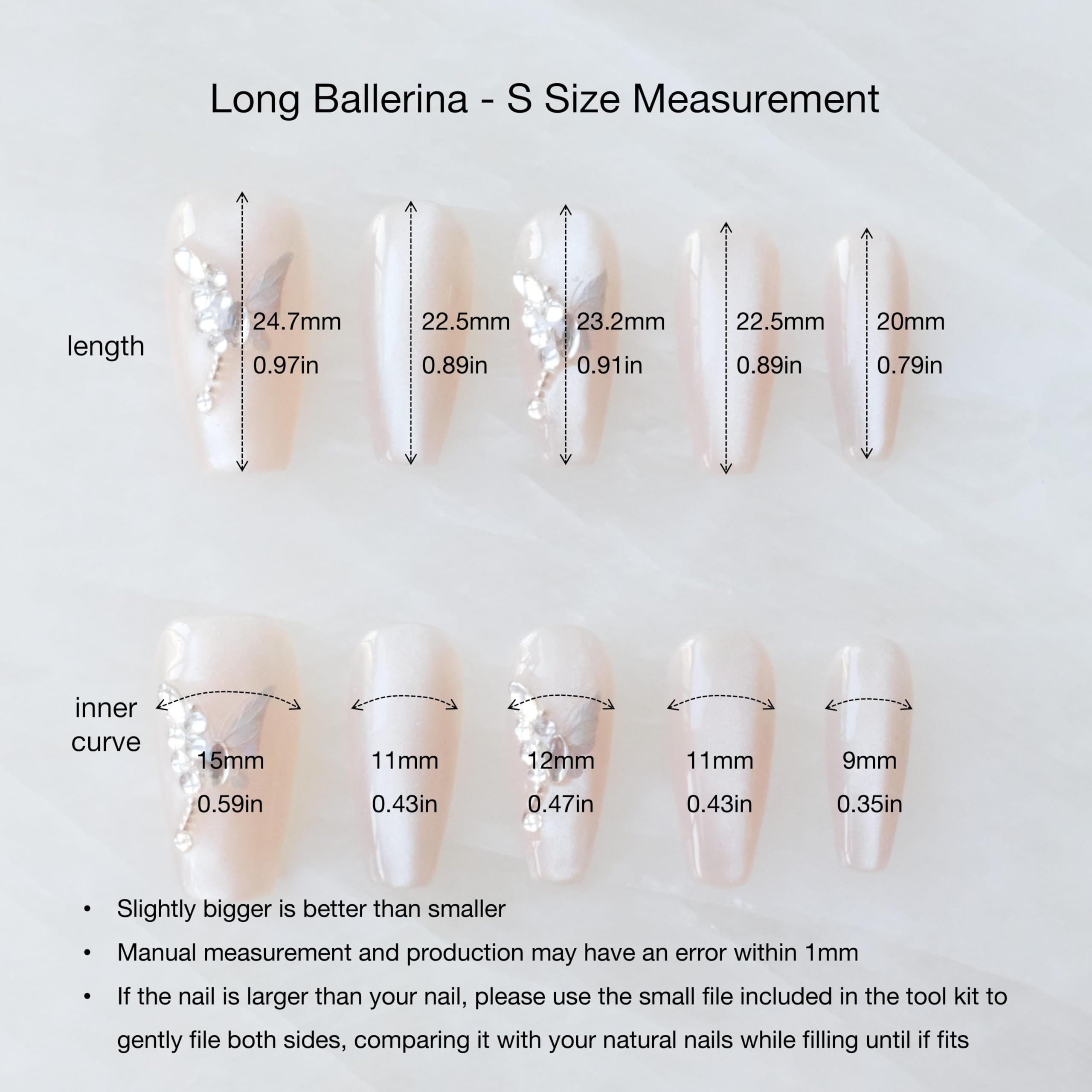 GLORS Press On Nails – Long Ballerina Coffin Nude Pink with Butterfly Rhinestones | 10 Pieces (Small, LB)