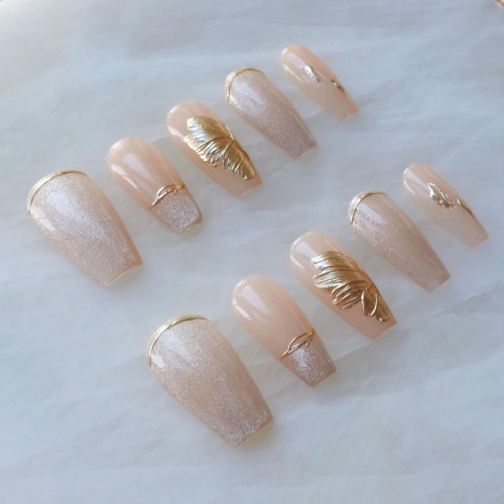 GLORS Press On Nails - Long Ballerina Nude Pink with Gold Accents - 10 Pieces (XS/LB)