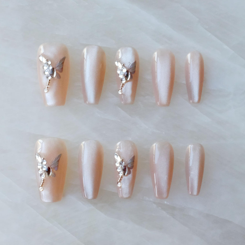 GLORS Press On Nails – Long Ballerina Coffin Nude Pink with Butterfly Rhinestones | 10 Pieces (Small, LB)