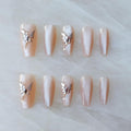 GLORS Press On Nails – Long Ballerina Coffin Nude Pink with Butterfly Rhinestones | 10 Pieces (Small, LB)
