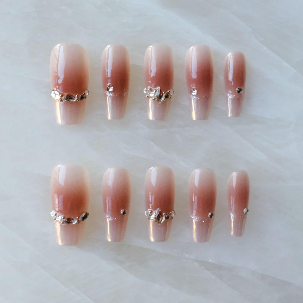 GLORS Long Ballerina Press-On Nails – Pink French Rhinestones, Coffin Shape (10 Pieces, Large)