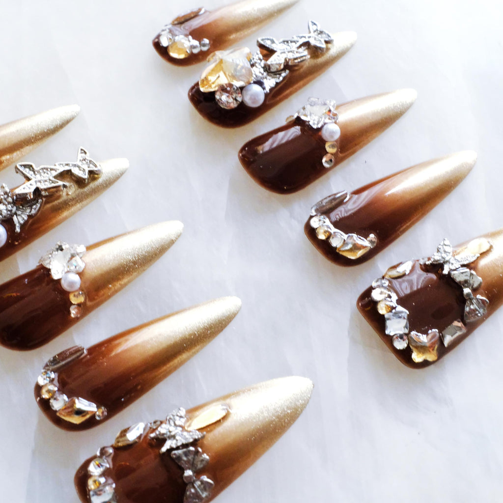 GLORS Luxury Long Stiletto Press-On Nails – Brown-Gold Ombre with 3D Rhinestones & Pearls (10 Pcs, Medium LS)