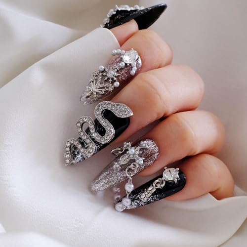 GLORS Luxury Long Almond Press-On Nails – Black & Silver Glitter with 3D Rhinestones (10 Pieces, Medium, LS)