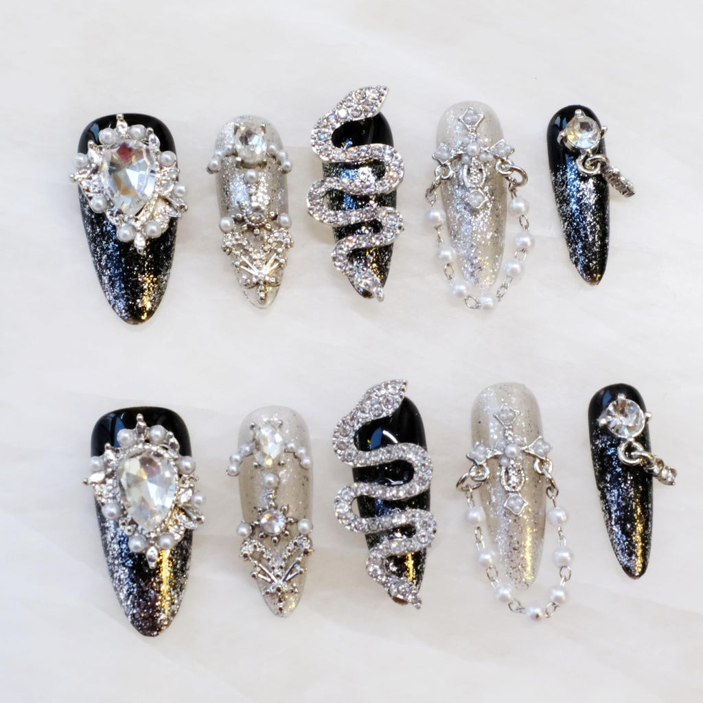 GLORS Luxury Long Almond Press-On Nails – Black & Silver Glitter with 3D Rhinestones (10 Pieces, Medium, LS)