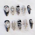 GLORS Luxury Long Almond Press-On Nails – Black & Silver Glitter with 3D Rhinestones (10 Pieces, Medium, LS)
