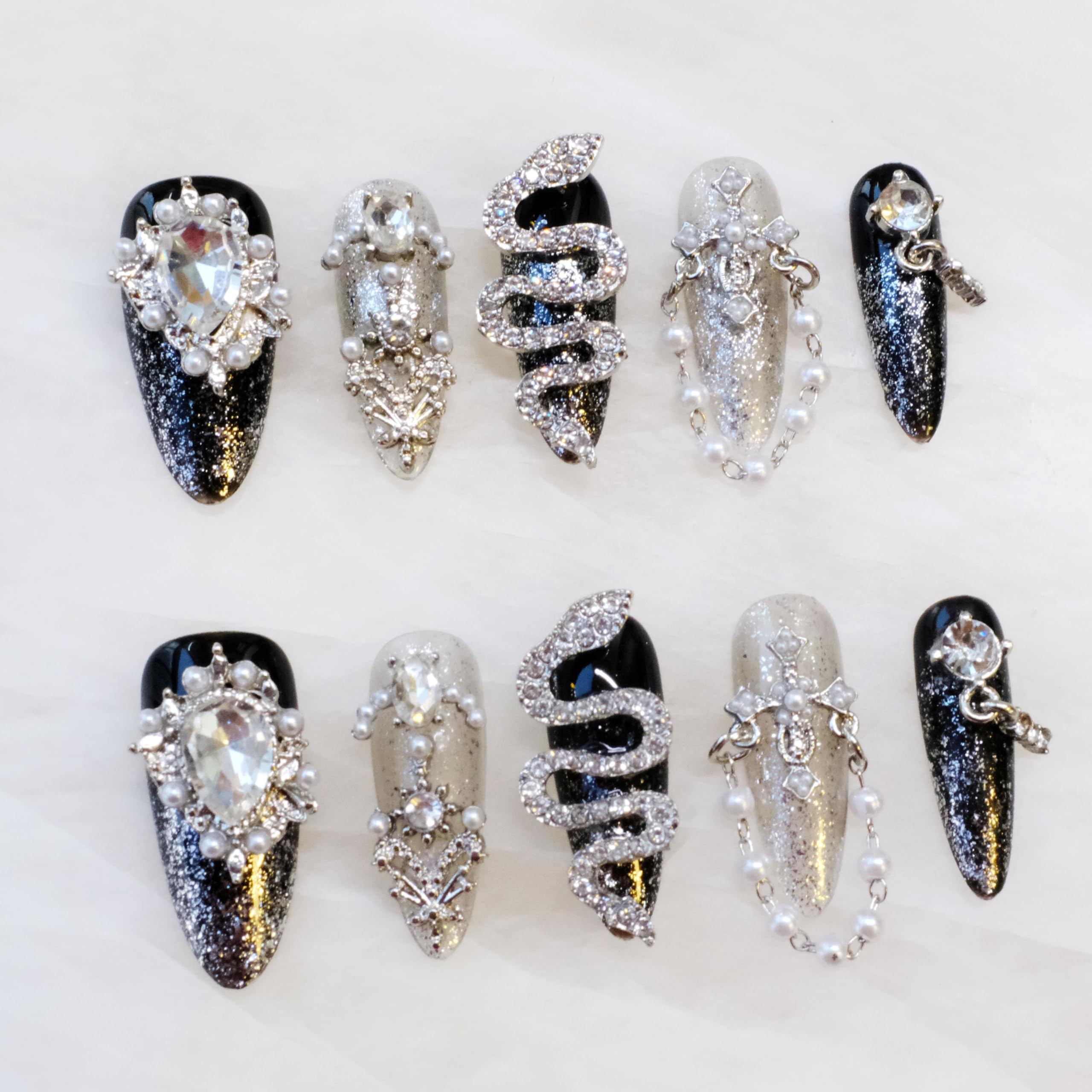 GLORS Luxury Long Almond Press-On Nails – Black & Silver Glitter with 3D Rhinestones (10 Pieces, Medium, LS)