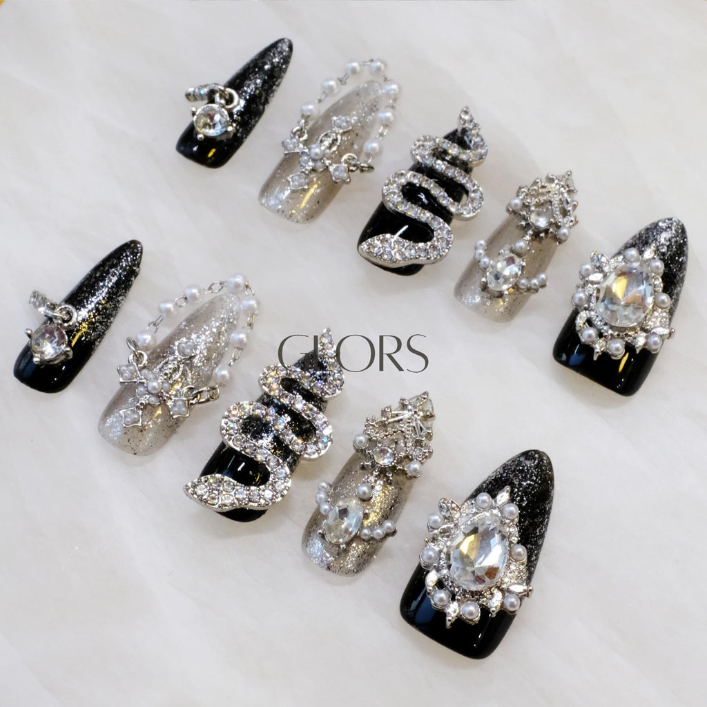 GLORS Luxury Long Almond Press-On Nails – Black & Silver Glitter with 3D Rhinestones (10 Pieces, Medium, LS)