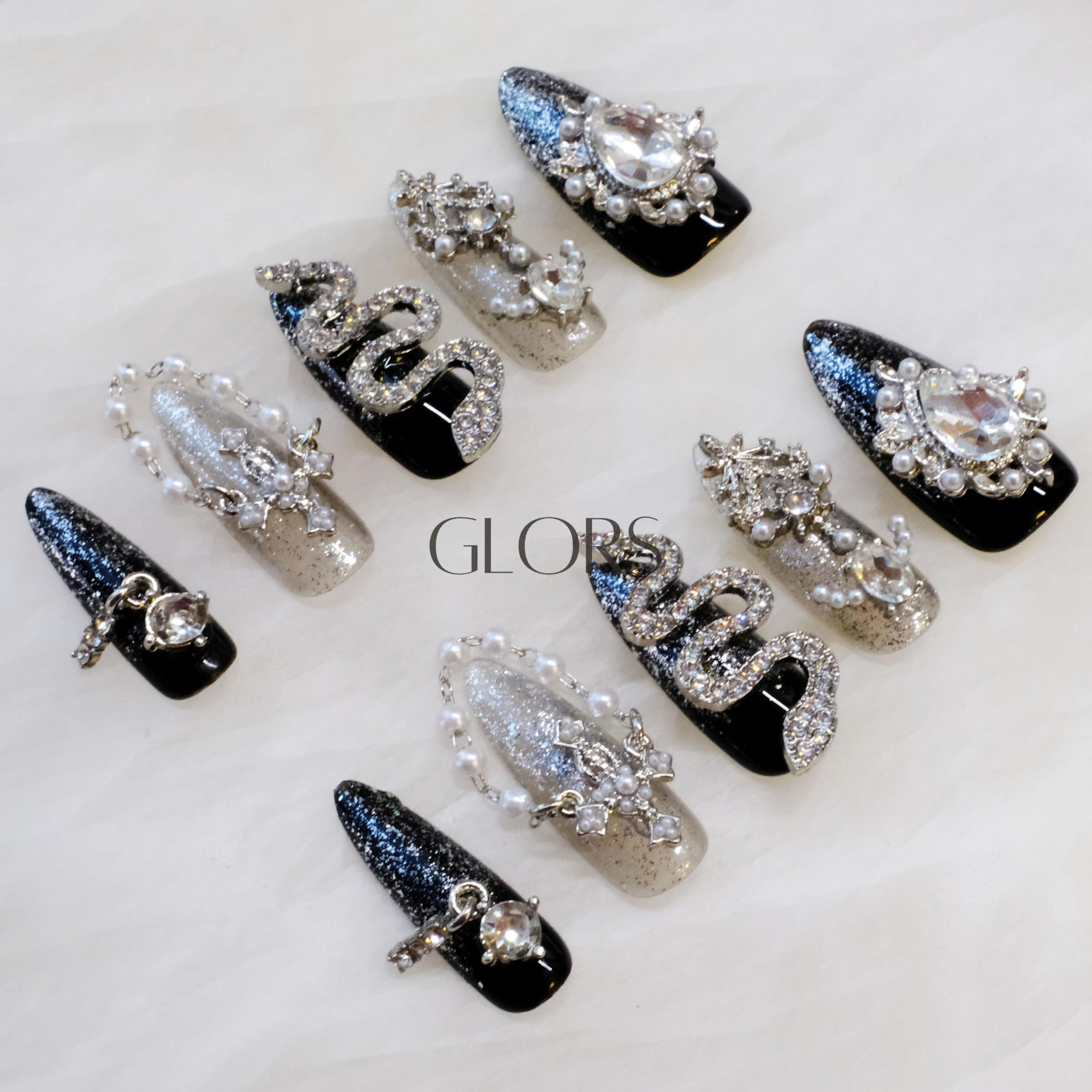 GLORS Luxury Long Almond Press-On Nails – Black & Silver Glitter with 3D Rhinestones (10 Pieces, Medium, LS)