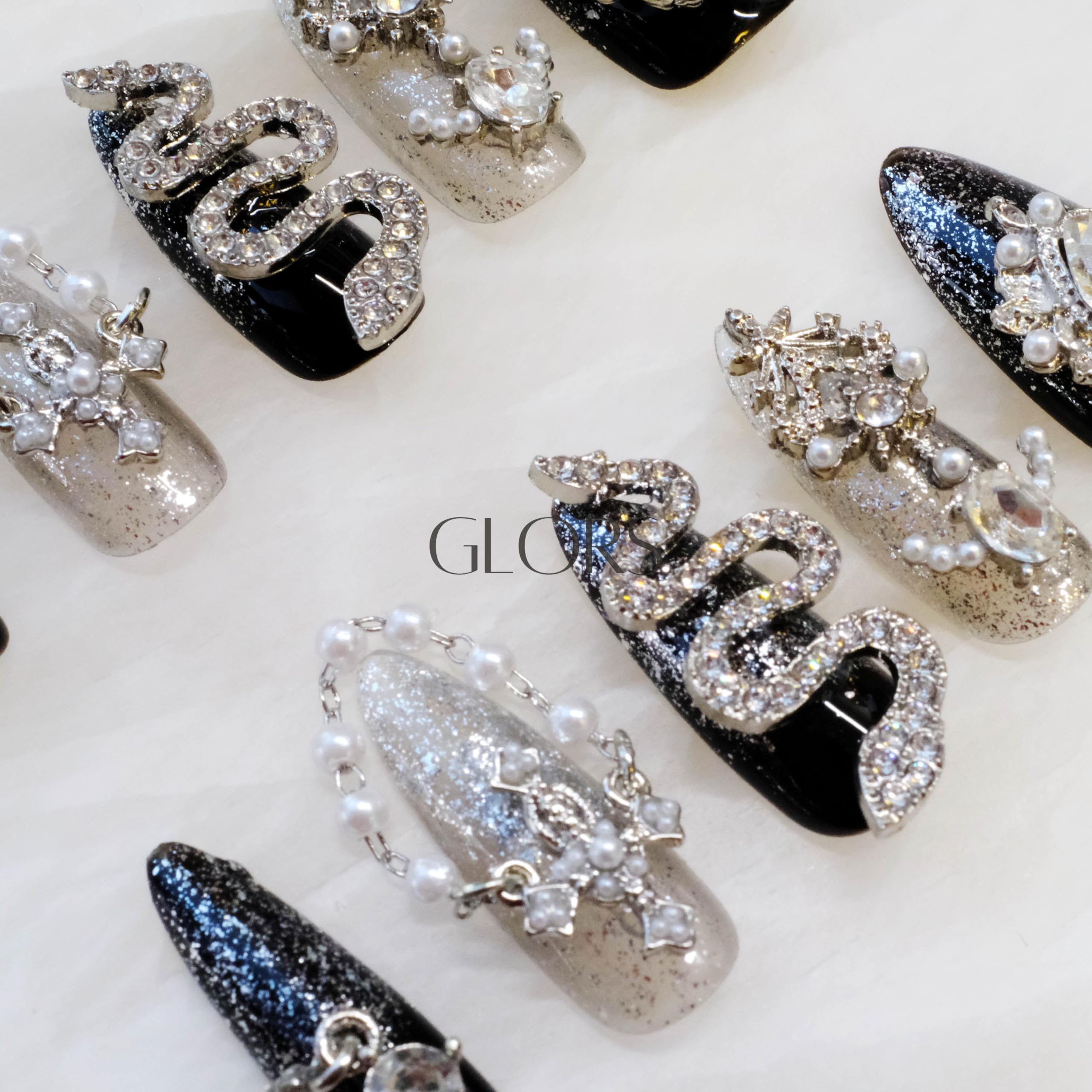 GLORS Luxury Long Almond Press-On Nails – Black & Silver Glitter with 3D Rhinestones (10 Pieces, Medium, LS)