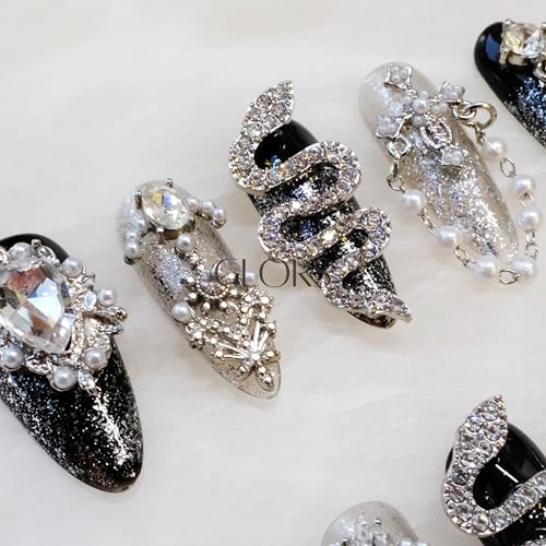GLORS Luxury Long Almond Press-On Nails – Black & Silver Glitter with 3D Rhinestones (10 Pieces, Medium, LS)