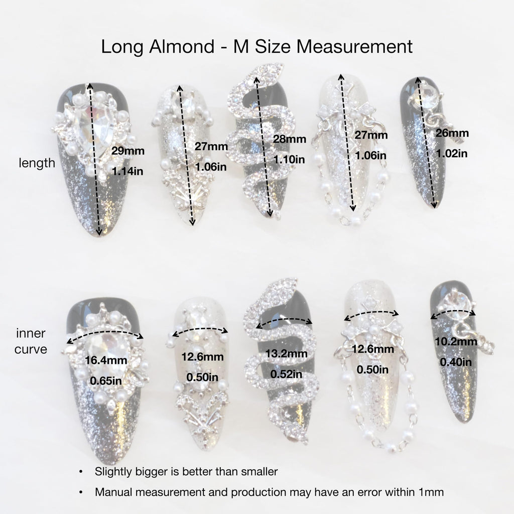 GLORS Luxury Long Almond Press-On Nails – Black & Silver Glitter with 3D Rhinestones (10 Pieces, Medium, LS)