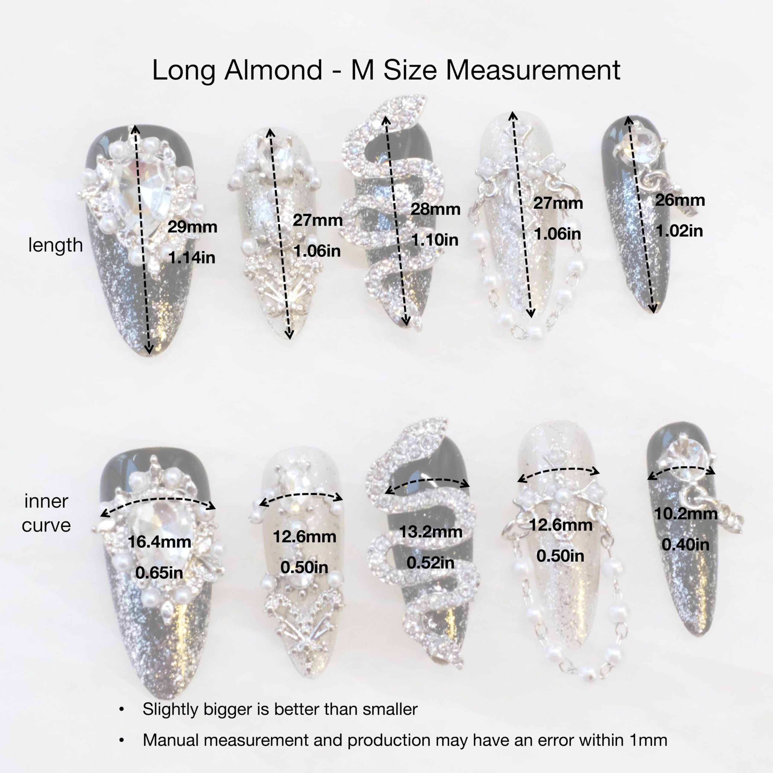 GLORS Luxury Long Almond Press-On Nails – Black & Silver Glitter with 3D Rhinestones (10 Pieces, Medium, LS)