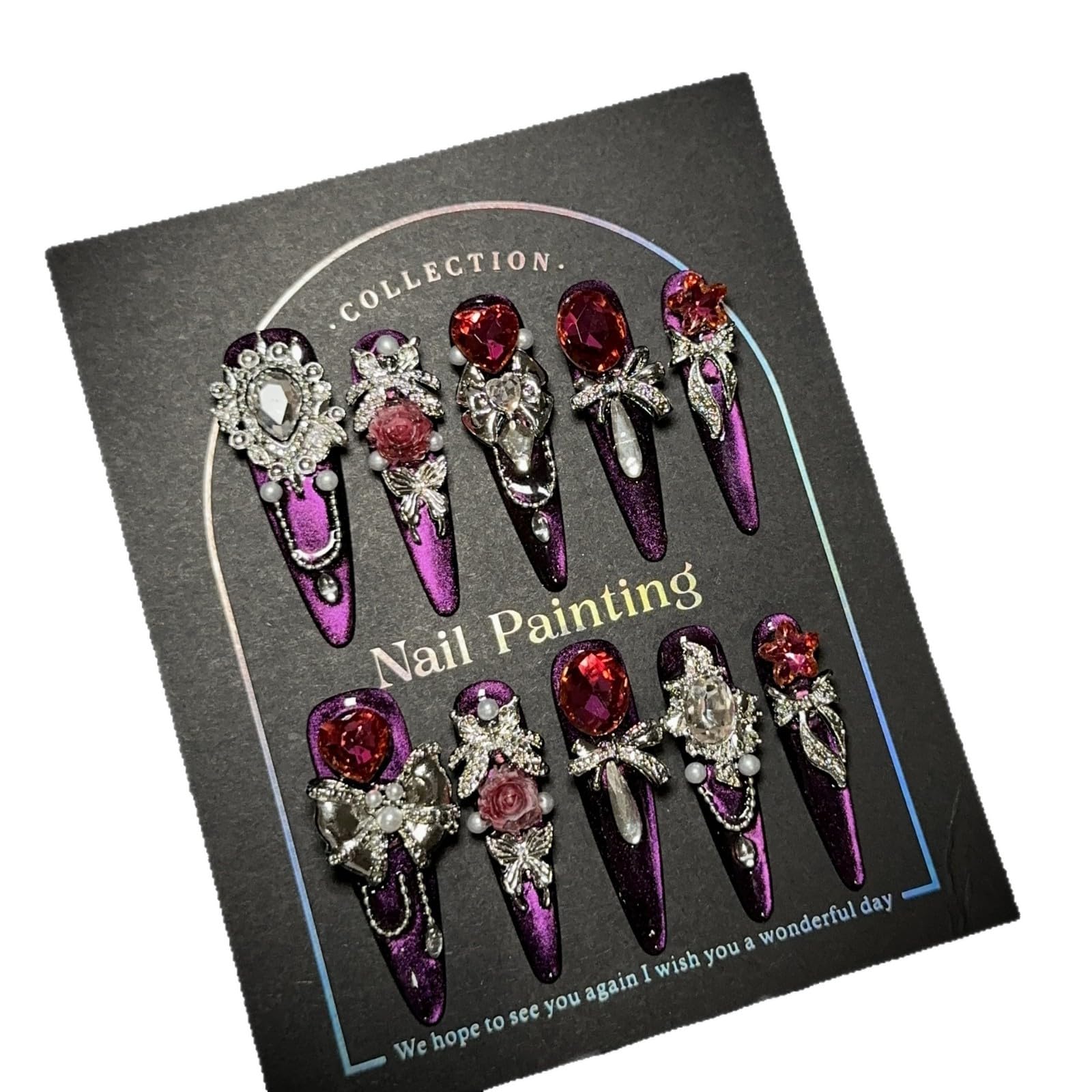 GLORS Luxury Long Press-On Nails – Purple Glitter Stiletto with Rhinestones (10-Piece Set, Small LS)