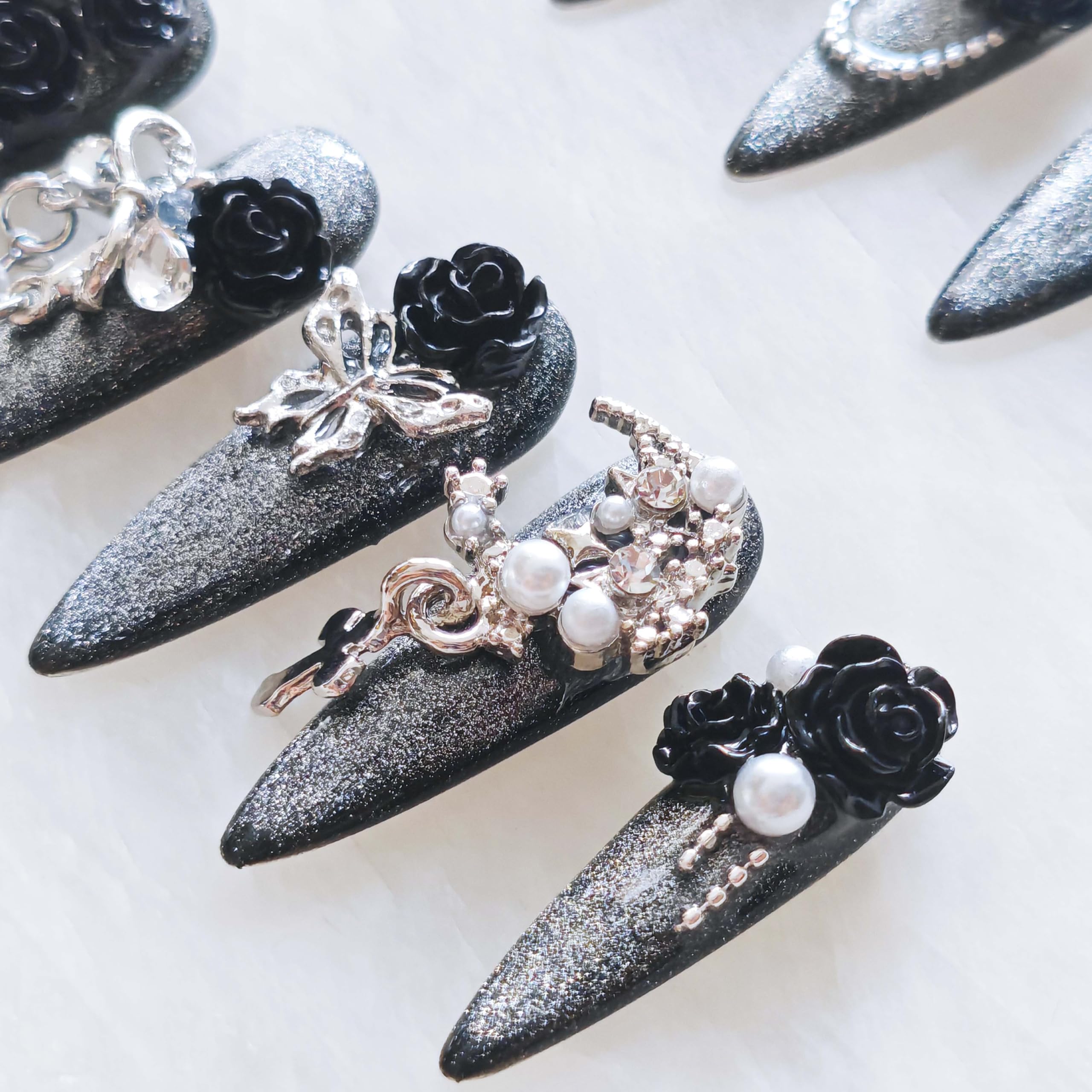 GLORS Luxury Long Stiletto Press-On Nails – 3D Black Roses, Silver Glitter, Pearls & Rhinestones (10-Piece Set, Small LS)