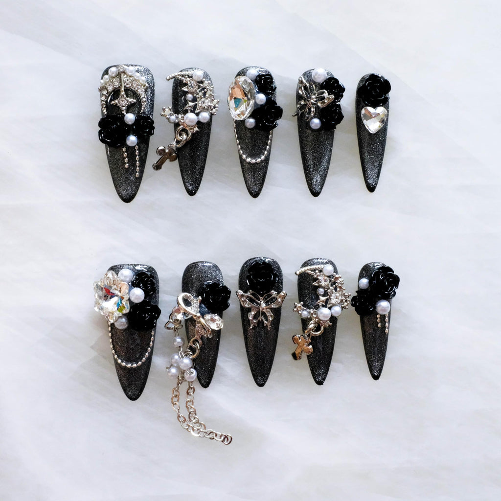 GLORS Luxury Long Stiletto Press-On Nails – 3D Black Roses, Silver Glitter, Pearls & Rhinestones (10-Piece Set, Small LS)