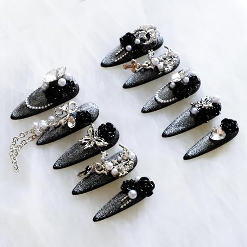 GLORS Luxury Long Stiletto Press-On Nails – 3D Black Roses, Silver Glitter, Pearls & Rhinestones (10-Piece Set, Small LS)