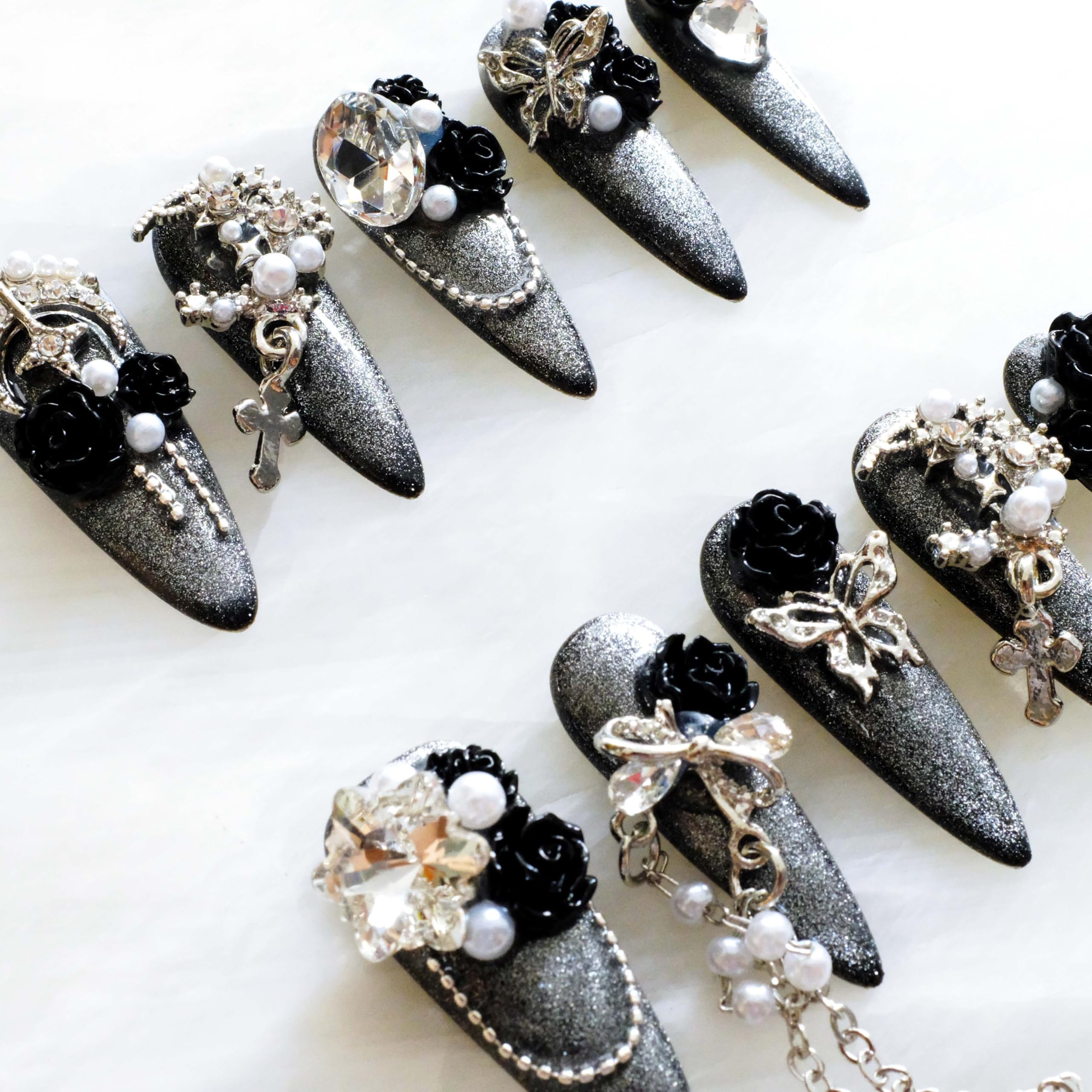 GLORS Luxury Long Stiletto Press-On Nails – 3D Black Roses, Silver Glitter, Pearls & Rhinestones (10-Piece Set, Small LS)