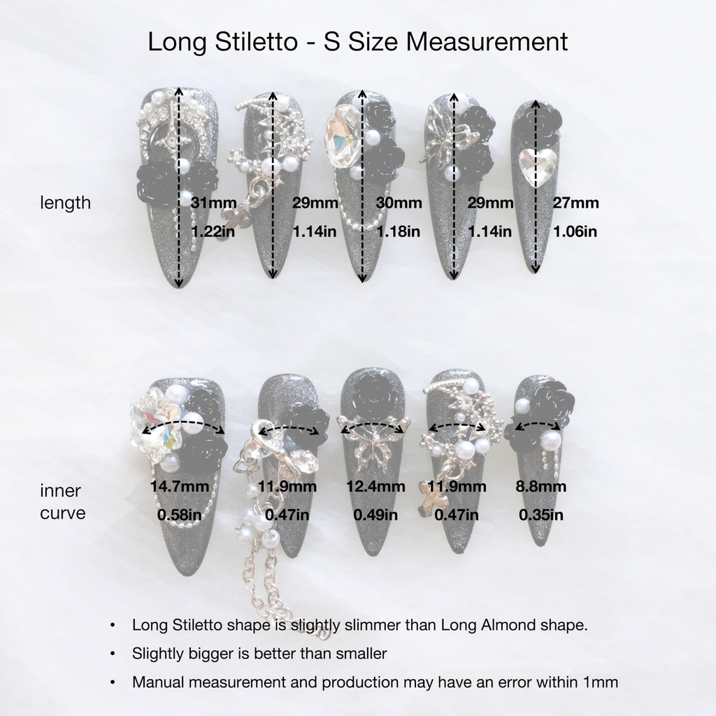 GLORS Luxury Long Stiletto Press-On Nails – 3D Black Roses, Silver Glitter, Pearls & Rhinestones (10-Piece Set, Small LS)