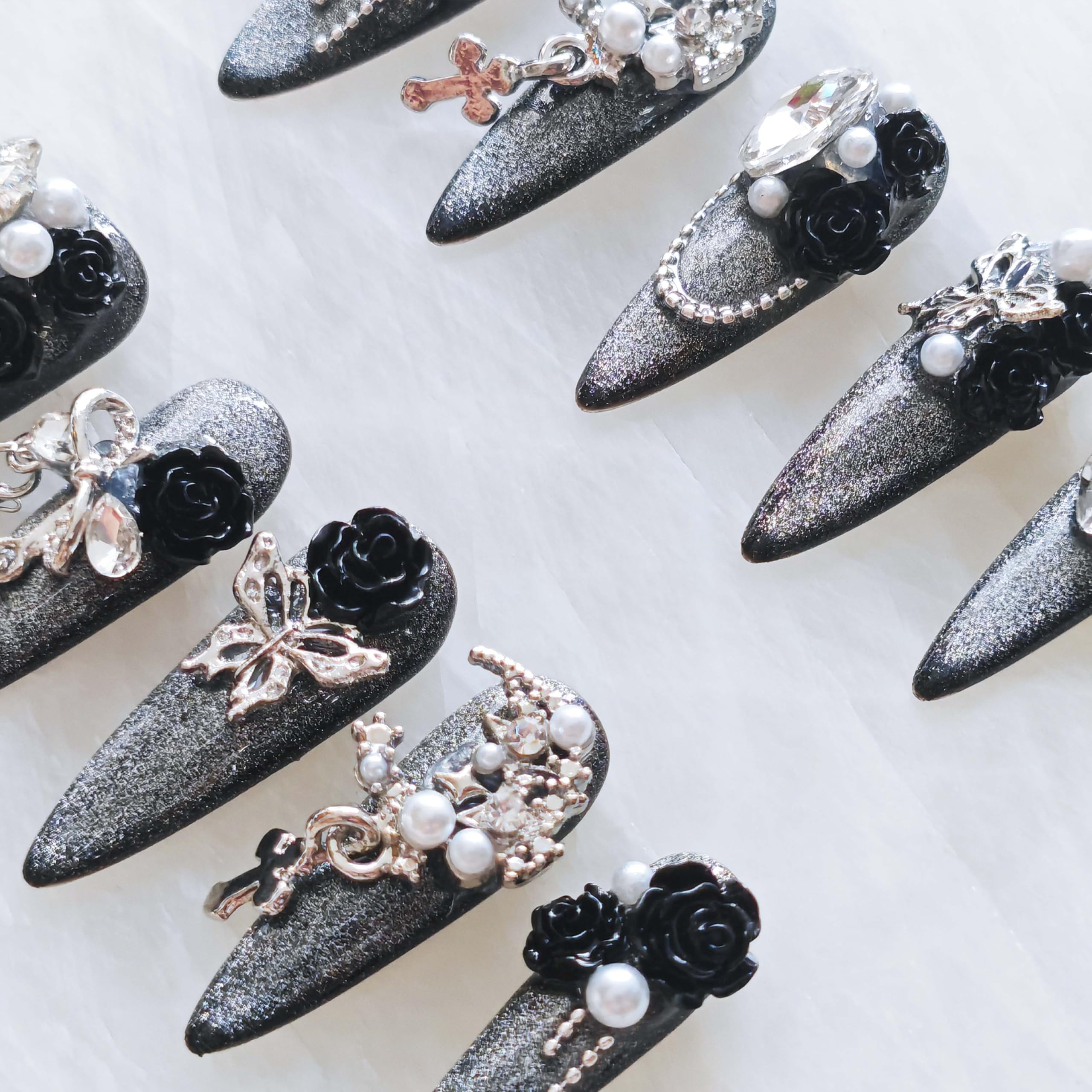 GLORS Luxury Long Stiletto Press-On Nails – 3D Black Roses, Silver Glitter, Pearls & Rhinestones (10-Piece Set, Small LS)