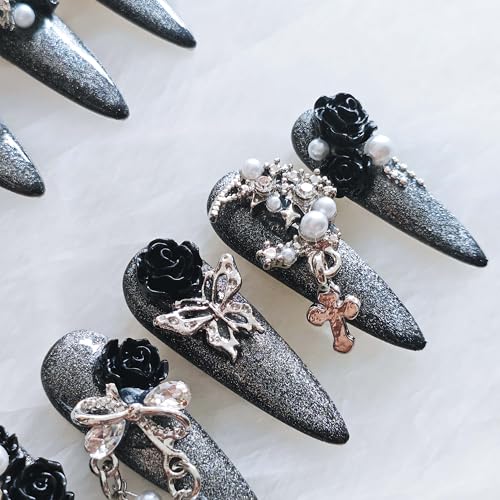 GLORS Luxury Long Stiletto Press-On Nails – 3D Black Roses, Silver Glitter, Pearls & Rhinestones (10-Piece Set, Small LS)