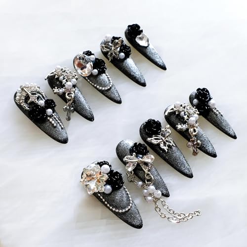 GLORS Luxury Long Stiletto Press-On Nails – 3D Black Roses, Silver Glitter, Pearls & Rhinestones (10-Piece Set, Small LS)