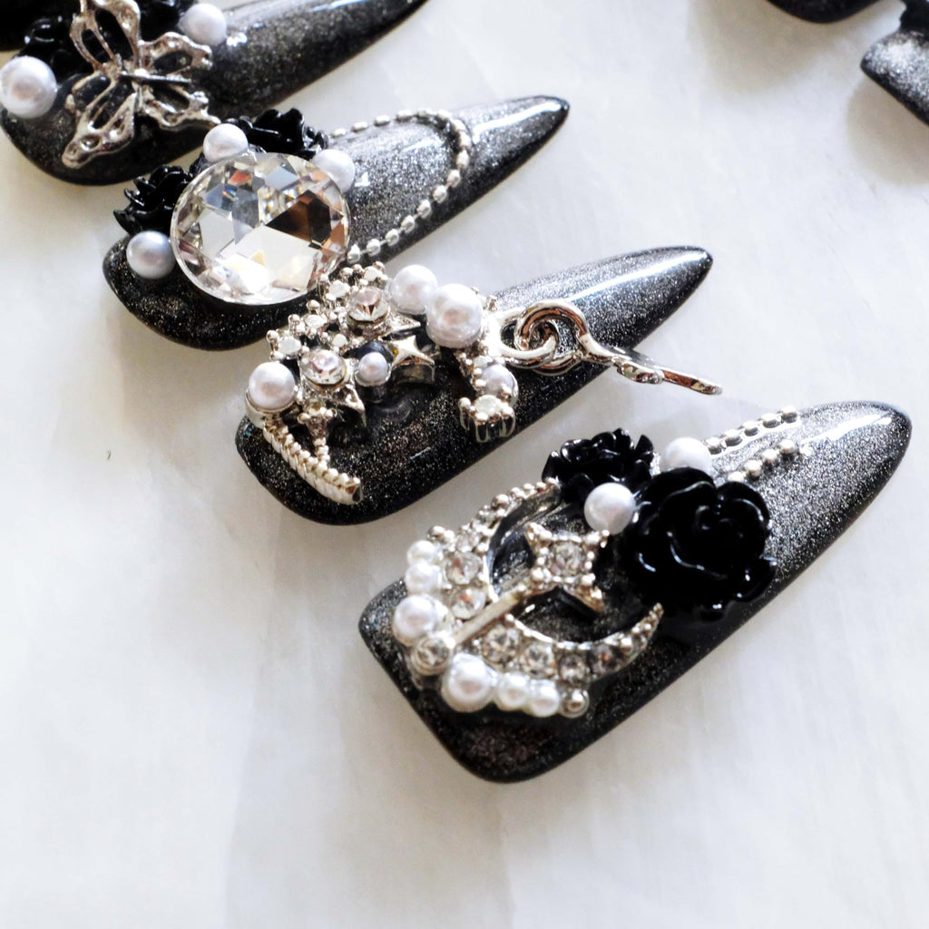 GLORS Luxury Long Stiletto Press-On Nails – 3D Black Roses, Silver Glitter, Pearls & Rhinestones (10-Piece Set, Small LS)