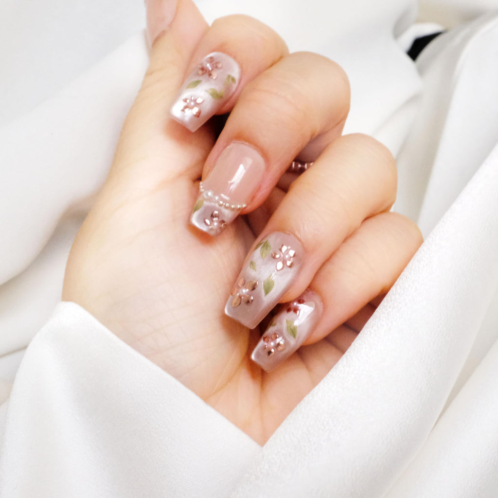 GLORS Medium Ballerina Press-On Nails – Nude Pink with Rose Gold Foil & Pearl Accents (10 pc, XS–MB)