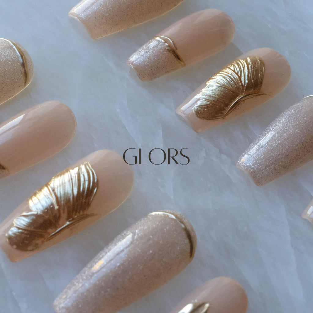 GLORS Press On Nails - Long Ballerina Nude Pink with Gold Accents - 10 Pieces (XS/LB)