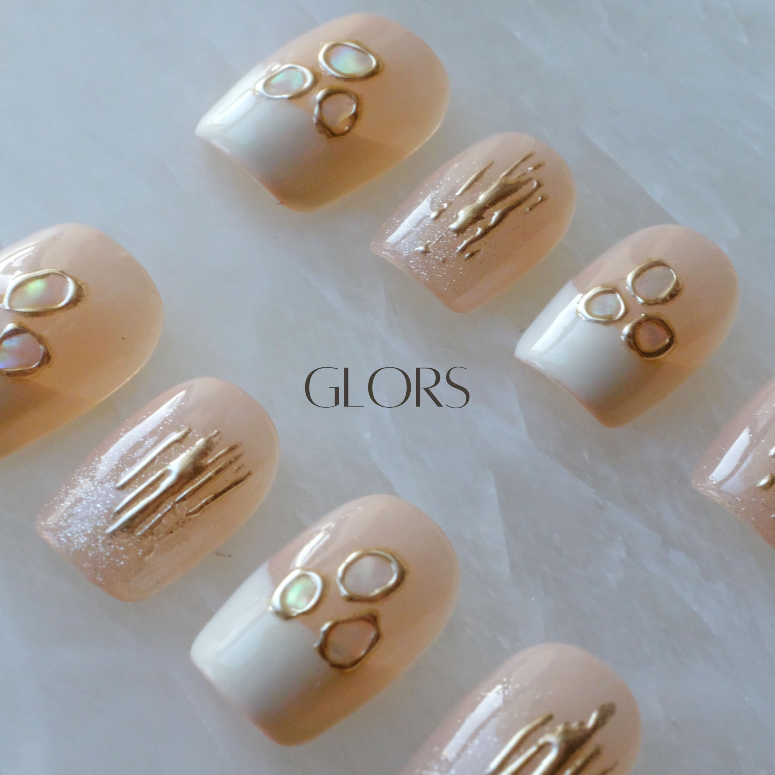 GLORS Purely Handmade Press On Nails | Mica Love Shell Piece – Short Square, 10 pcs