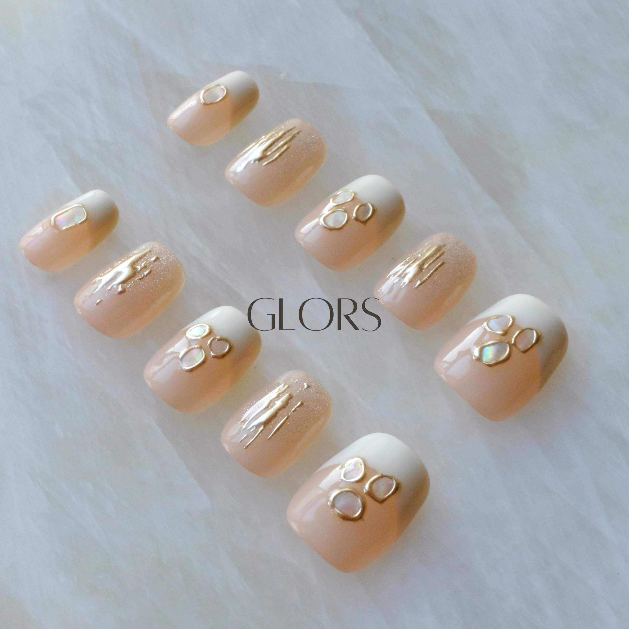 GLORS Purely Handmade Press On Nails | Mica Love Shell Piece – Short Square, 10 pcs
