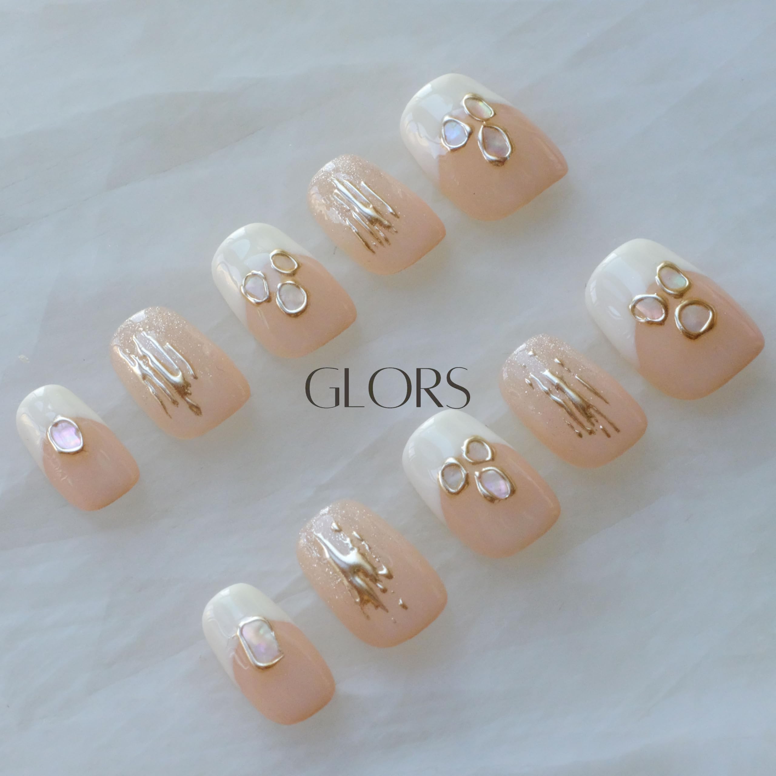 GLORS Purely Handmade Press On Nails | Mica Love Shell Piece – Short Square, 10 pcs