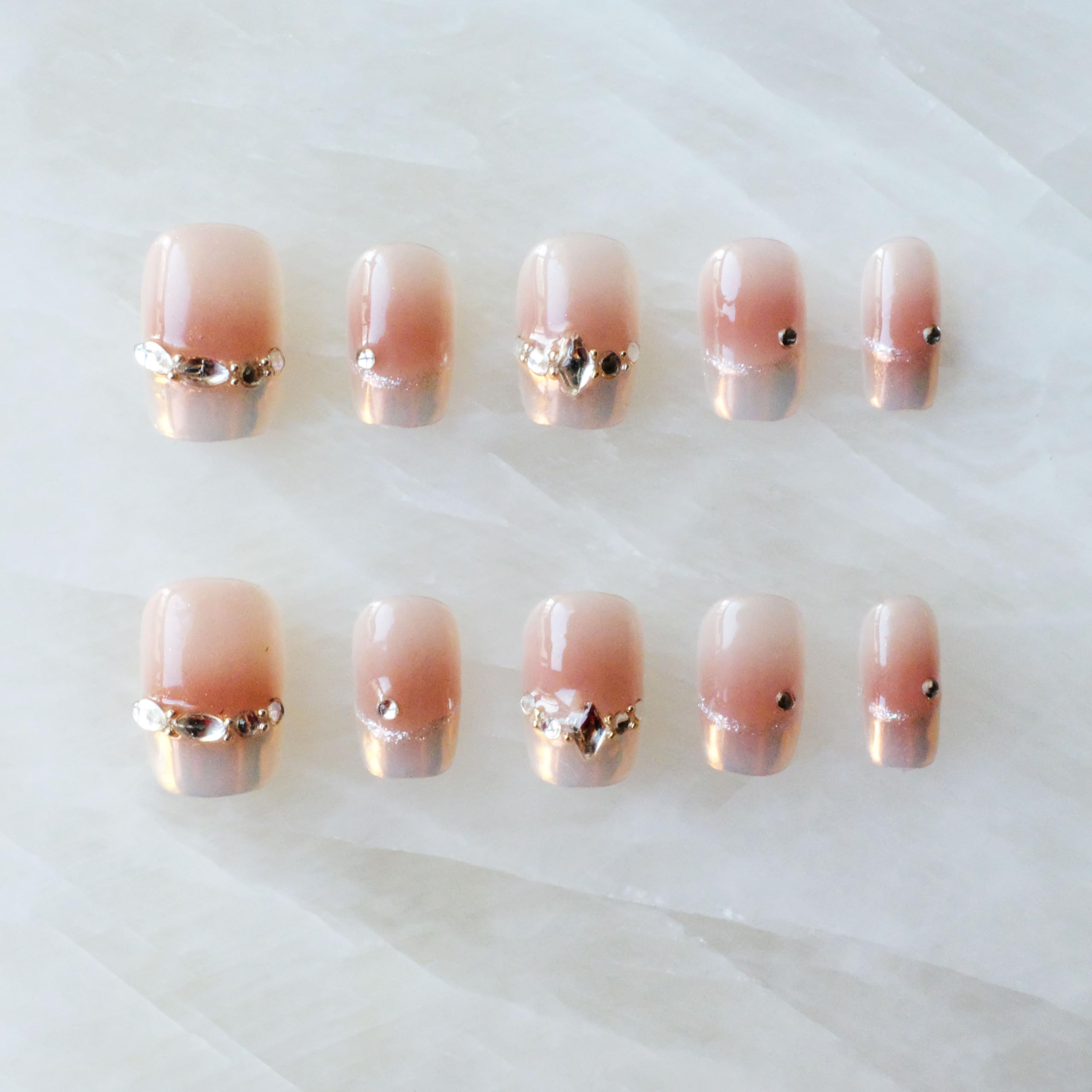 GLORS Moon Dream Purely Handmade Press On Nails – French-Style Pink with Diamond | Short Square 10-Piece Set (Large, SS)