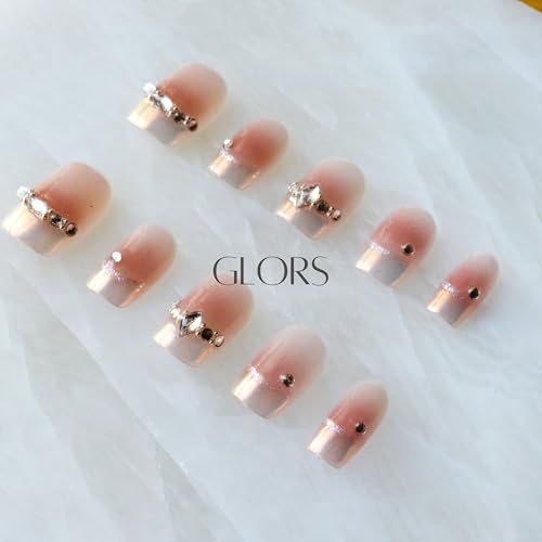 GLORS Moon Dream Purely Handmade Press On Nails – French-Style Pink with Diamond | Short Square 10-Piece Set (Large, SS)