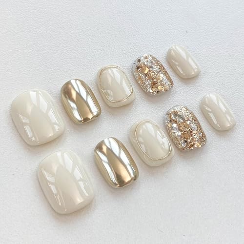 GLORS Purely Handmade Press On Nails | Beige Gold Glitter, Short Square, 10 pcs