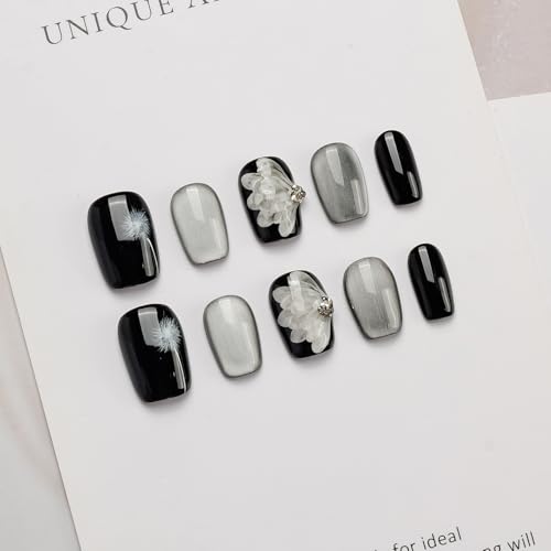 GLORS Press On Nails - Black & Silver, Short Square, Dandelion Wing Pattern (10 Pcs, SS)