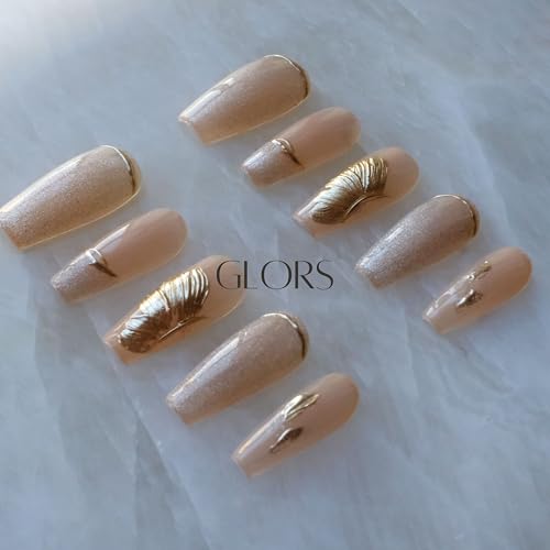 GLORS Press On Nails - Long Ballerina Nude Pink with Gold Accents - 10 Pieces (XS/LB)