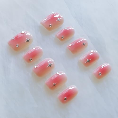 GLORS Short Square Press On Nails – Pink + Silver Stars, 10 Pcs | Salon Quality