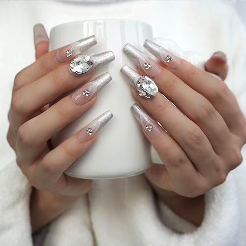 GLORS Press On Nails — Long Ballerina Coffin with Silver Glitter French Tips & 3D Rhinestones (10-Piece, Large LB)