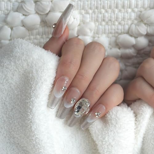 GLORS Press On Nails — Long Ballerina Coffin with Silver Glitter French Tips & 3D Rhinestones (10-Piece, Large LB)