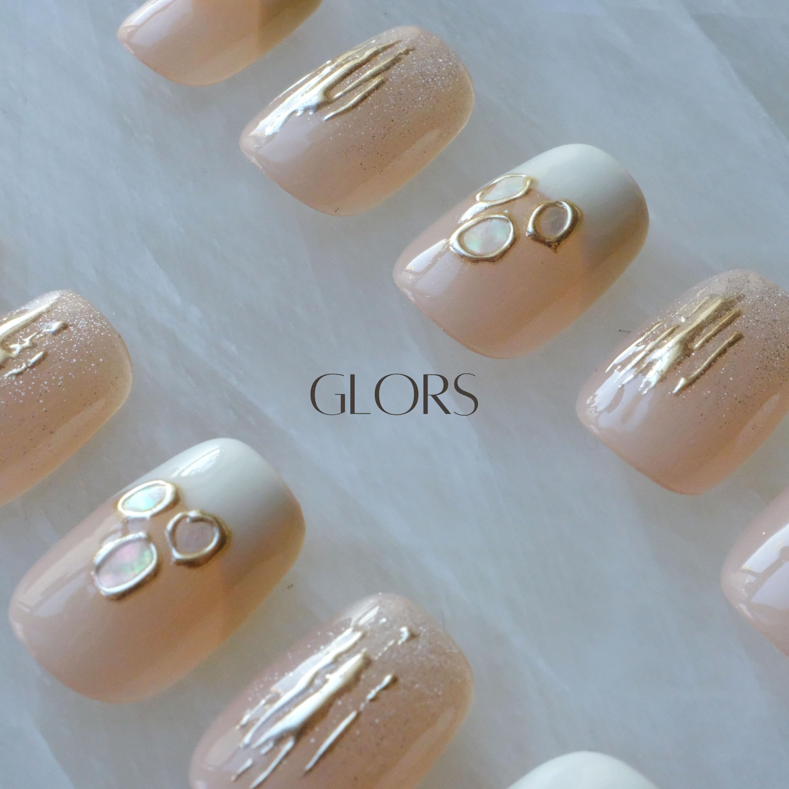 GLORS Purely Handmade Press On Nails | Mica Love Shell Piece – Short Square, 10 pcs